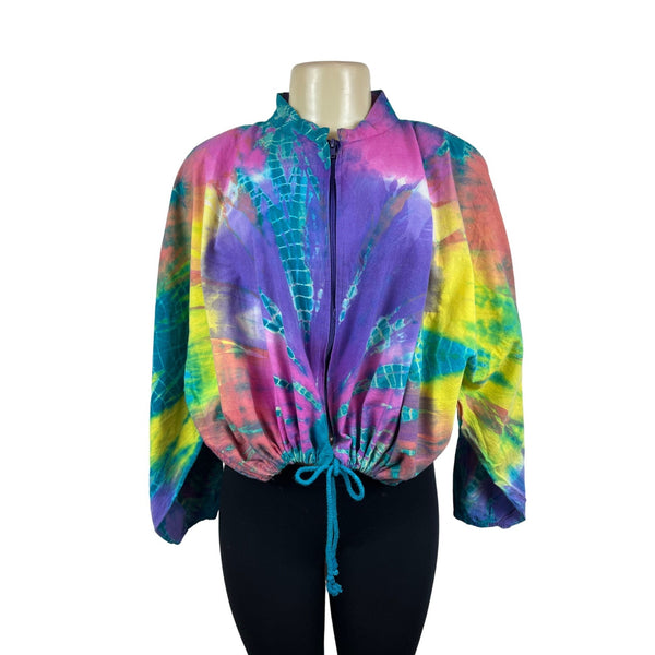 Vintage 90s Jazzie Tie-Dye Zip Up Sweater Multicolor Drawstring Bottom Sz M