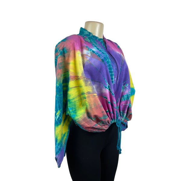 Vintage 90s Jazzie Tie-Dye Zip Up Sweater Multicolor Drawstring Bottom Sz M