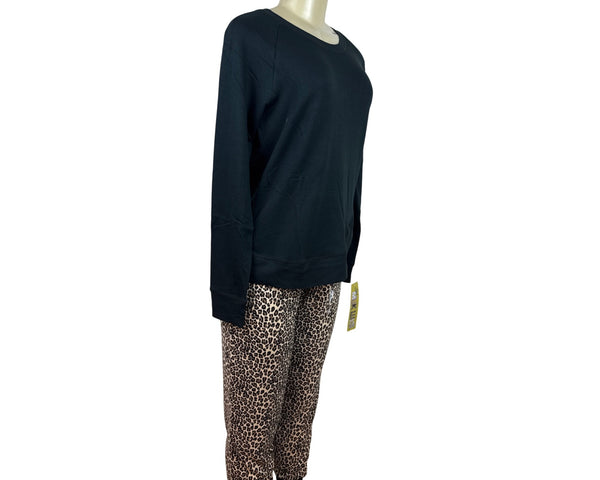 Muk Luks Women Black Long Sleeve Top & Leopard Print Pants Pajama Set Sz M - New