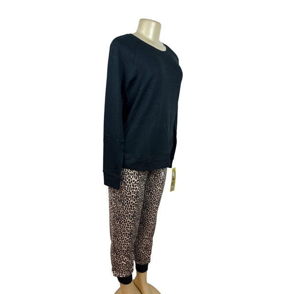Muk Luks Women Black Long Sleeve Top & Leopard Print Pants Pajama Set Sz M - New