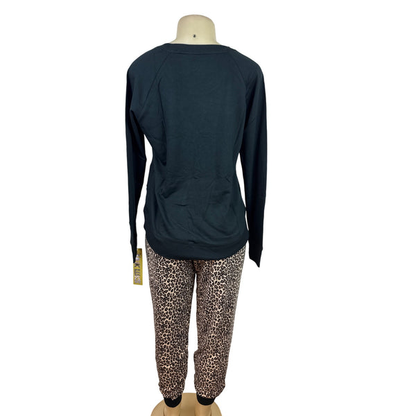 Muk Luks Women Black Long Sleeve Top & Leopard Print Pants Pajama Set Sz M - New