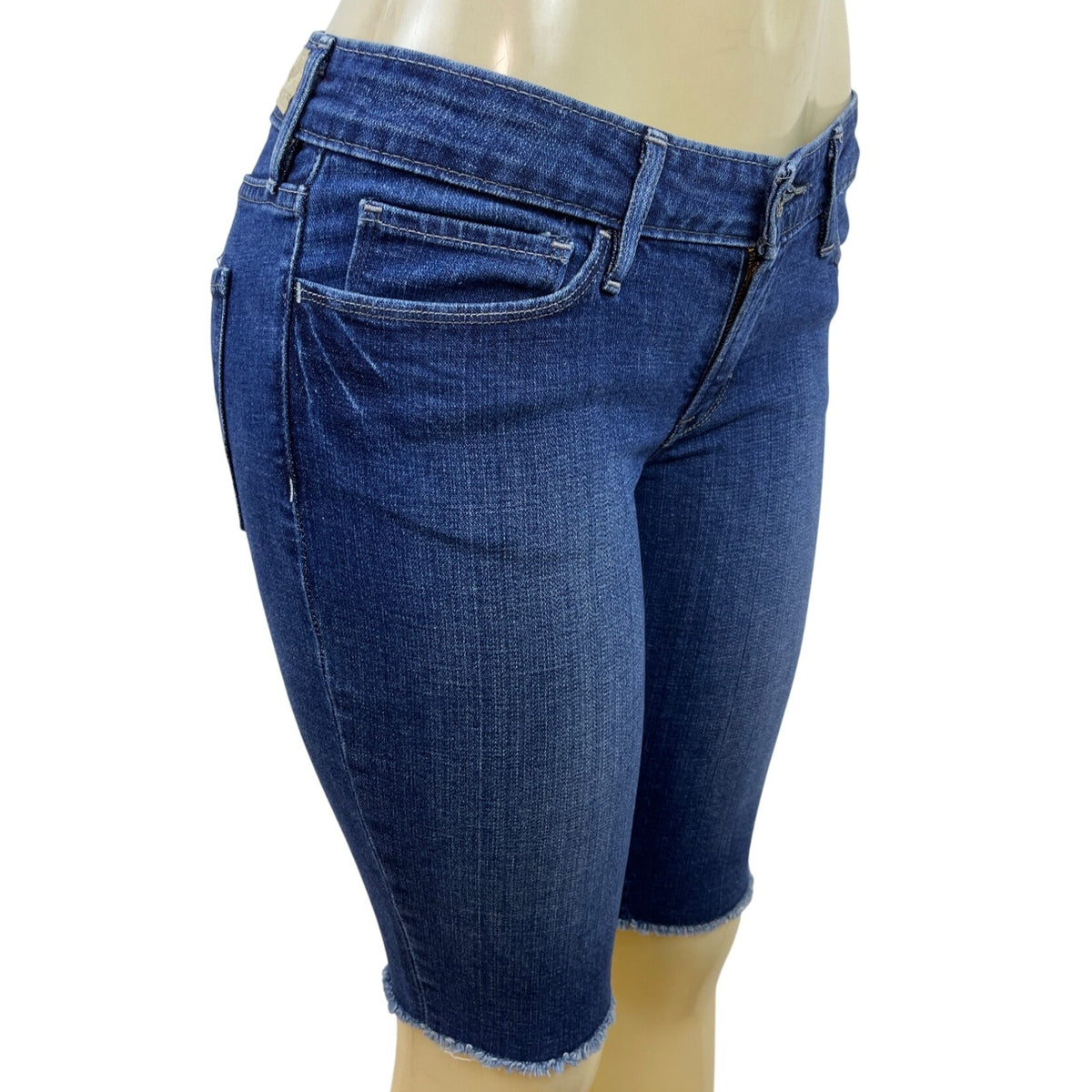 Levis Women's Demi Curve Denim Shorts Dark Wash Mid Rise Frayed Hem Size 4/27