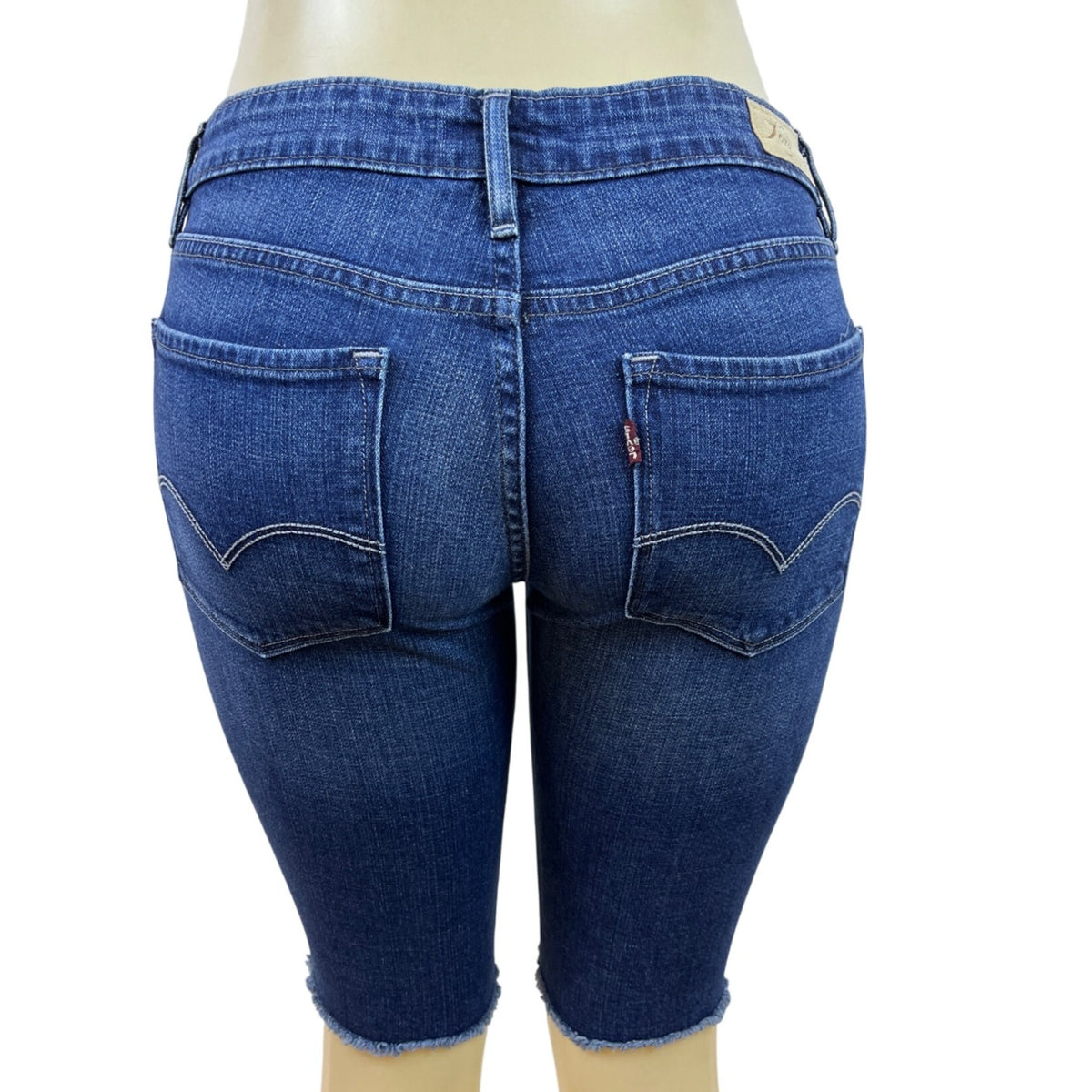Levis Women's Demi Curve Denim Shorts Dark Wash Mid Rise Frayed Hem Size 4/27