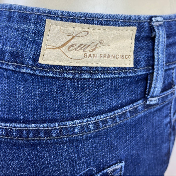 Levis Women's Demi Curve Denim Shorts Dark Wash Mid Rise Frayed Hem Size 4/27