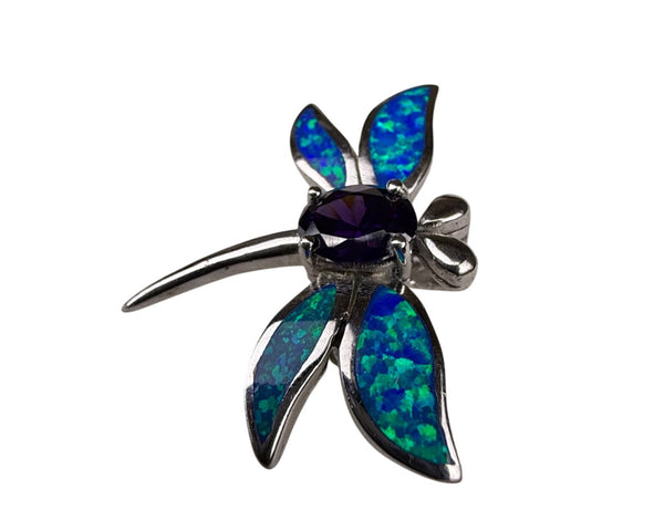 Sterling Silver Dragonfly Pin Brooch With Inlaid Blue Green Opal & Purple Stone