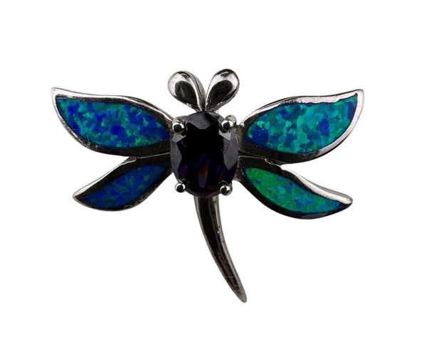 Sterling Silver Dragonfly Pin Brooch With Inlaid Blue Green Opal & Purple Stone