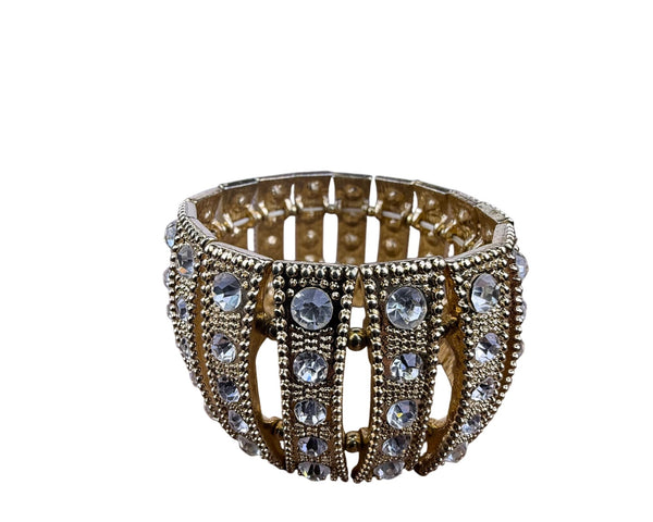 Vintage Gold Tone Rhinestone Cuff Bracelet Wide Statement Elegant Open Design