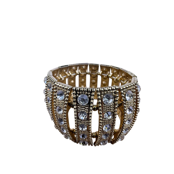 Vintage Gold Tone Rhinestone Cuff Bracelet Wide Statement Elegant Open Design