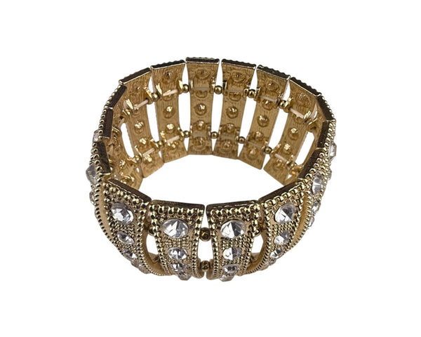 Vintage Gold Tone Rhinestone Cuff Bracelet Wide Statement Elegant Open Design