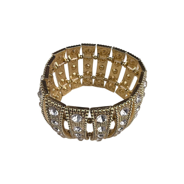 Vintage Gold Tone Rhinestone Cuff Bracelet Wide Statement Elegant Open Design