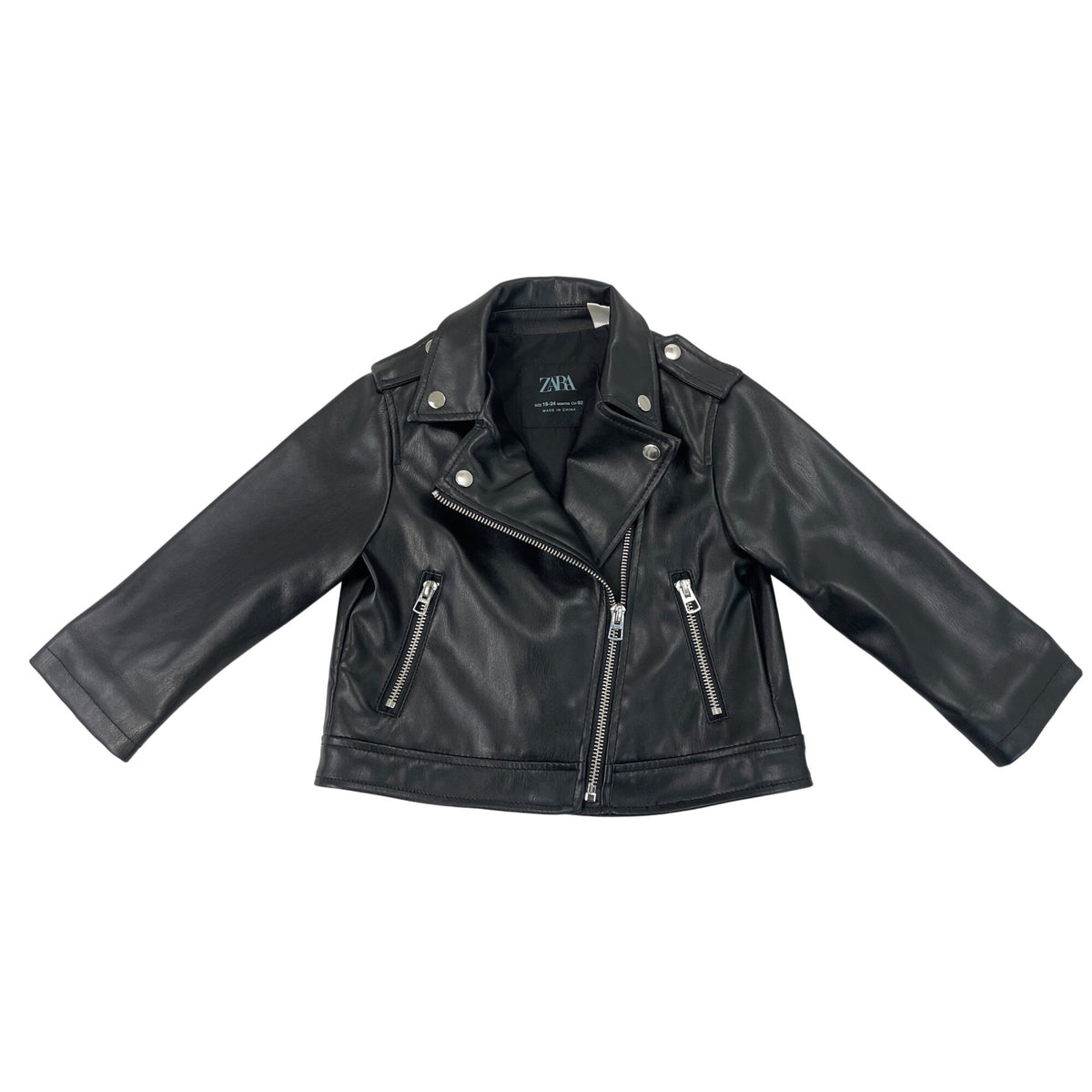 Zara Kids Black Leather Moto Jacket W/ Silver Zipper & Snap Details Size 18-24M