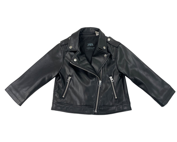 Zara Kids Black Leather Moto Jacket W/ Silver Zipper & Snap Details Size 18-24M