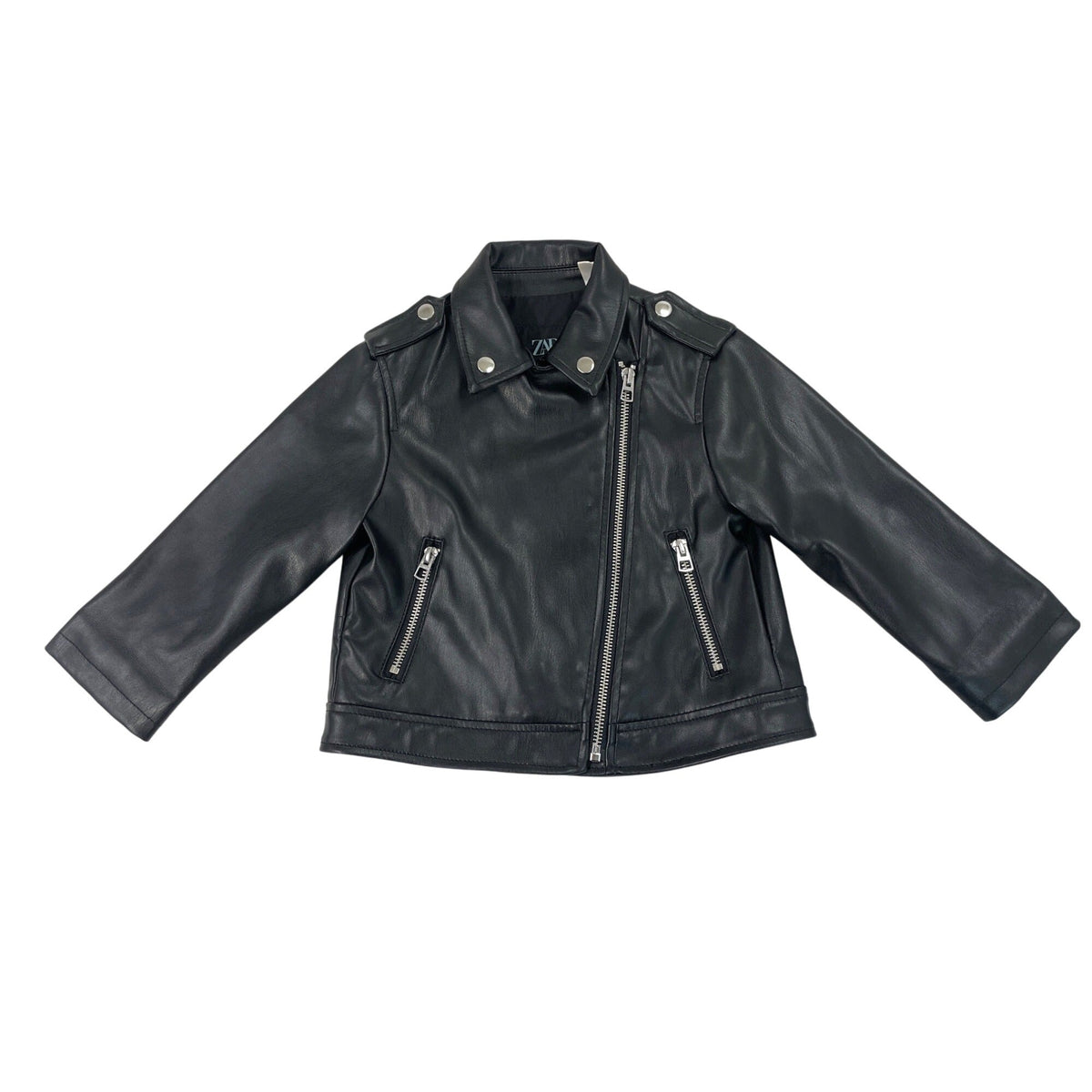 Zara Kids Black Leather Moto Jacket W/ Silver Zipper & Snap Details Size 18-24M
