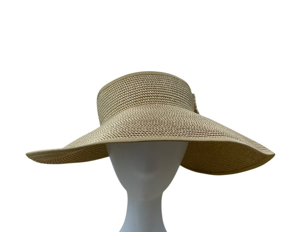 Wide Brim Straw Sun Visor Hat With Bow & Velcro Closure Beige Adjustable
