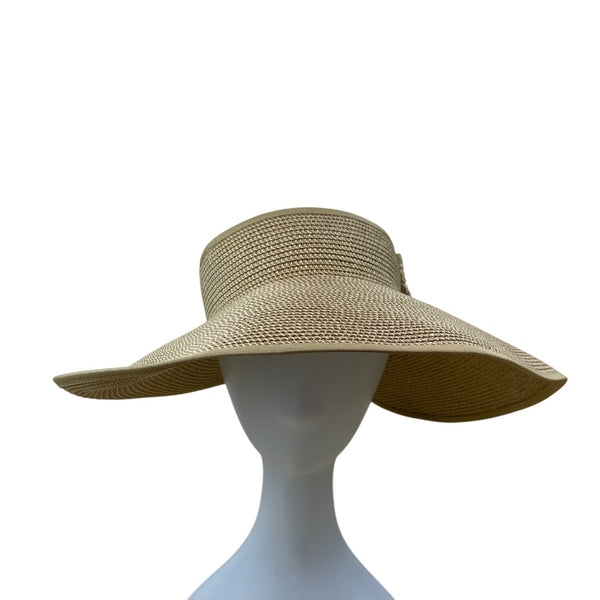 Wide Brim Straw Sun Visor Hat With Bow & Velcro Closure Beige Adjustable