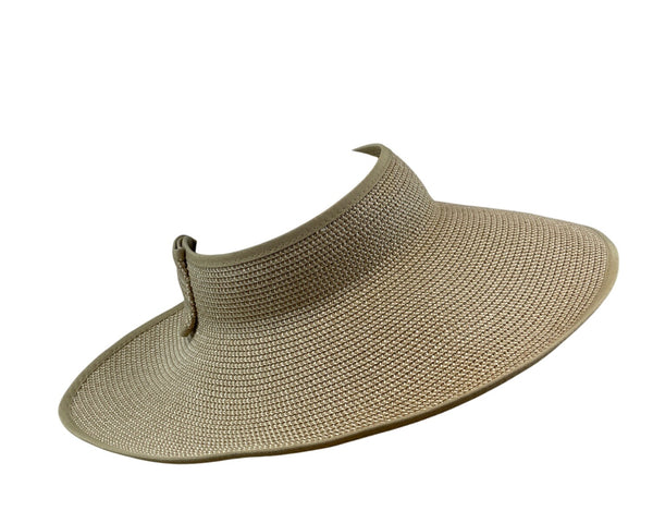 Wide Brim Straw Sun Visor Hat With Bow & Velcro Closure Beige Adjustable
