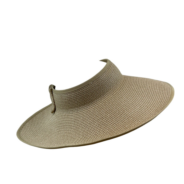 Wide Brim Straw Sun Visor Hat With Bow & Velcro Closure Beige Adjustable
