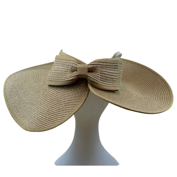 Wide Brim Straw Sun Visor Hat With Bow & Velcro Closure Beige Adjustable