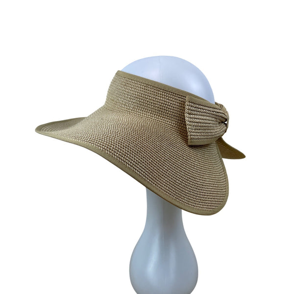 Wide Brim Straw Sun Visor Hat With Bow & Velcro Closure Beige Adjustable