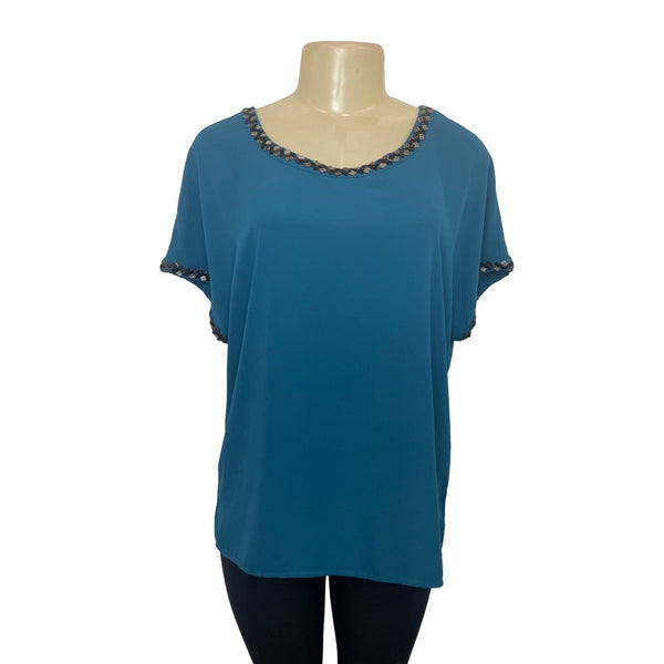 Pleione Women's Blue Blouse Shirt With Bead Accents Sz L- NWT