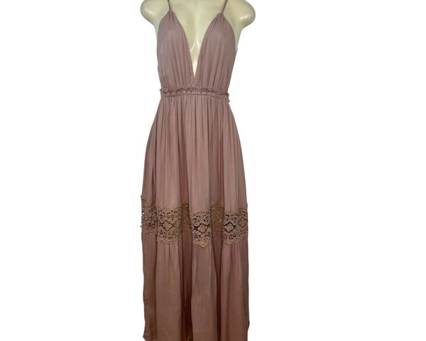 Papaya Mauve Spaghetti Strap Maxi Dress Deep V-Neckline Women's Size S