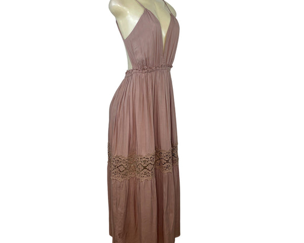 Papaya Mauve Spaghetti Strap Maxi Dress Deep V-Neckline Women's Size S