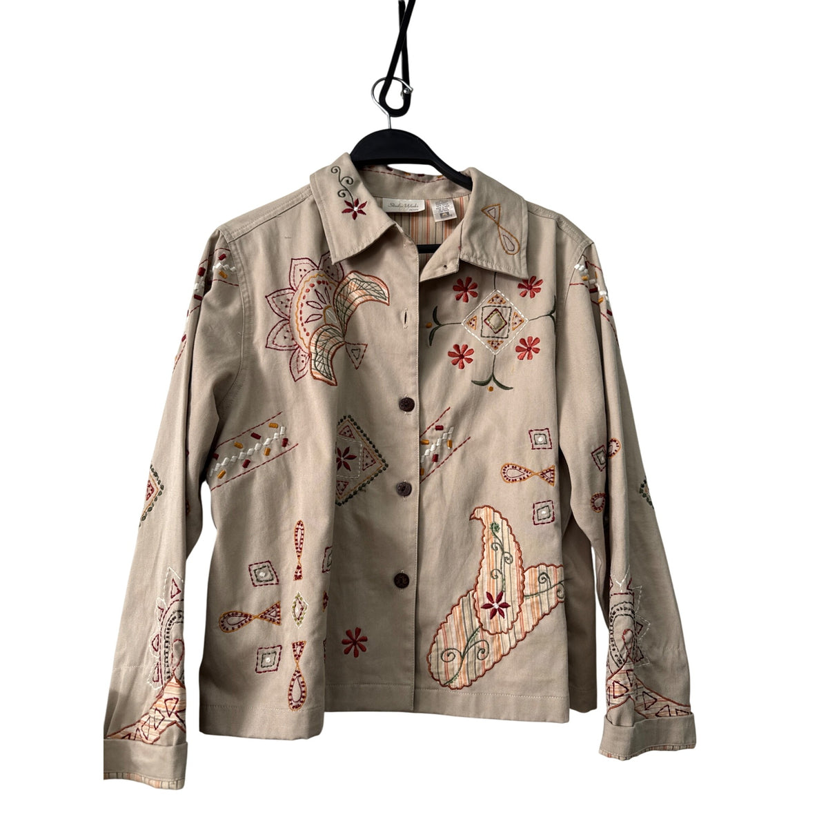 Studio Works Petite Womens Beige 100% Cotton Embroidered Jacket PL Button-Up