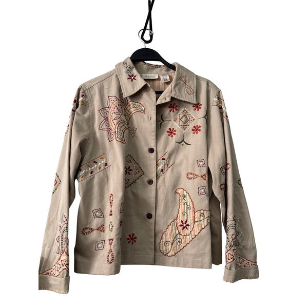 Studio Works Petite Womens Beige 100% Cotton Embroidered Jacket PL Button-Up