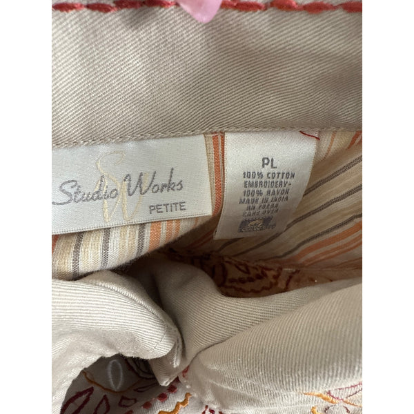 Studio Works Petite Womens Beige 100% Cotton Embroidered Jacket PL Button-Up