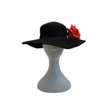 Black Wool Wide-Brim Fedora Hat With Red Floral Embellishment