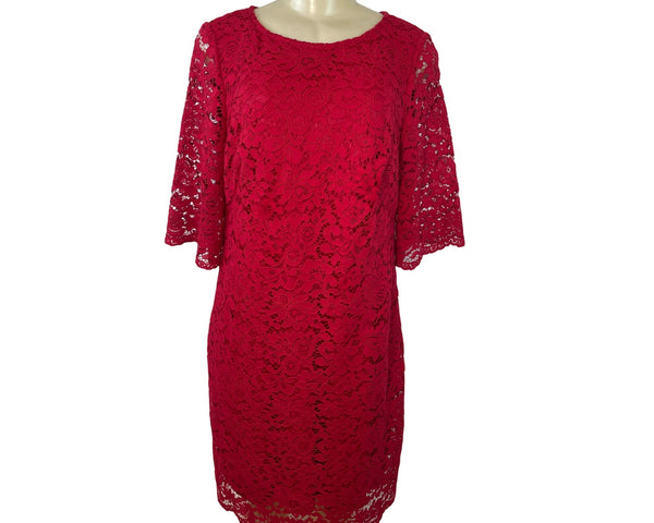 Lauren Ralph Lauren Red Lace Shift Dress Short Sleeve Scalloped Hem Sz 14P