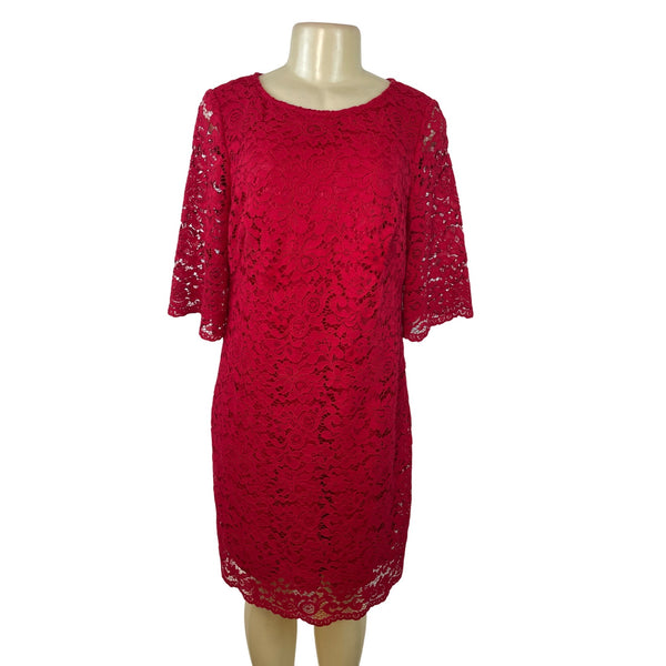 Lauren Ralph Lauren Red Lace Shift Dress Short Sleeve Scalloped Hem Sz 14P
