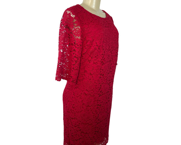 Lauren Ralph Lauren Red Lace Shift Dress Short Sleeve Scalloped Hem Sz 14P