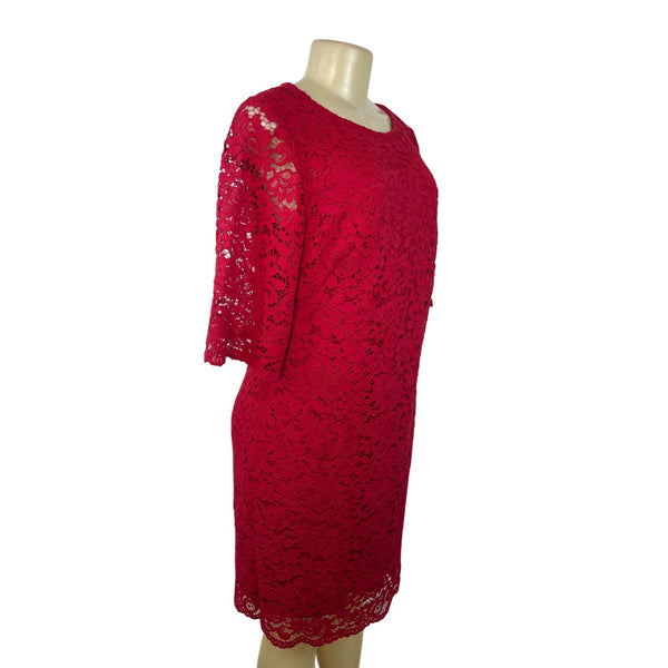 Lauren Ralph Lauren Red Lace Shift Dress Short Sleeve Scalloped Hem Sz 14P