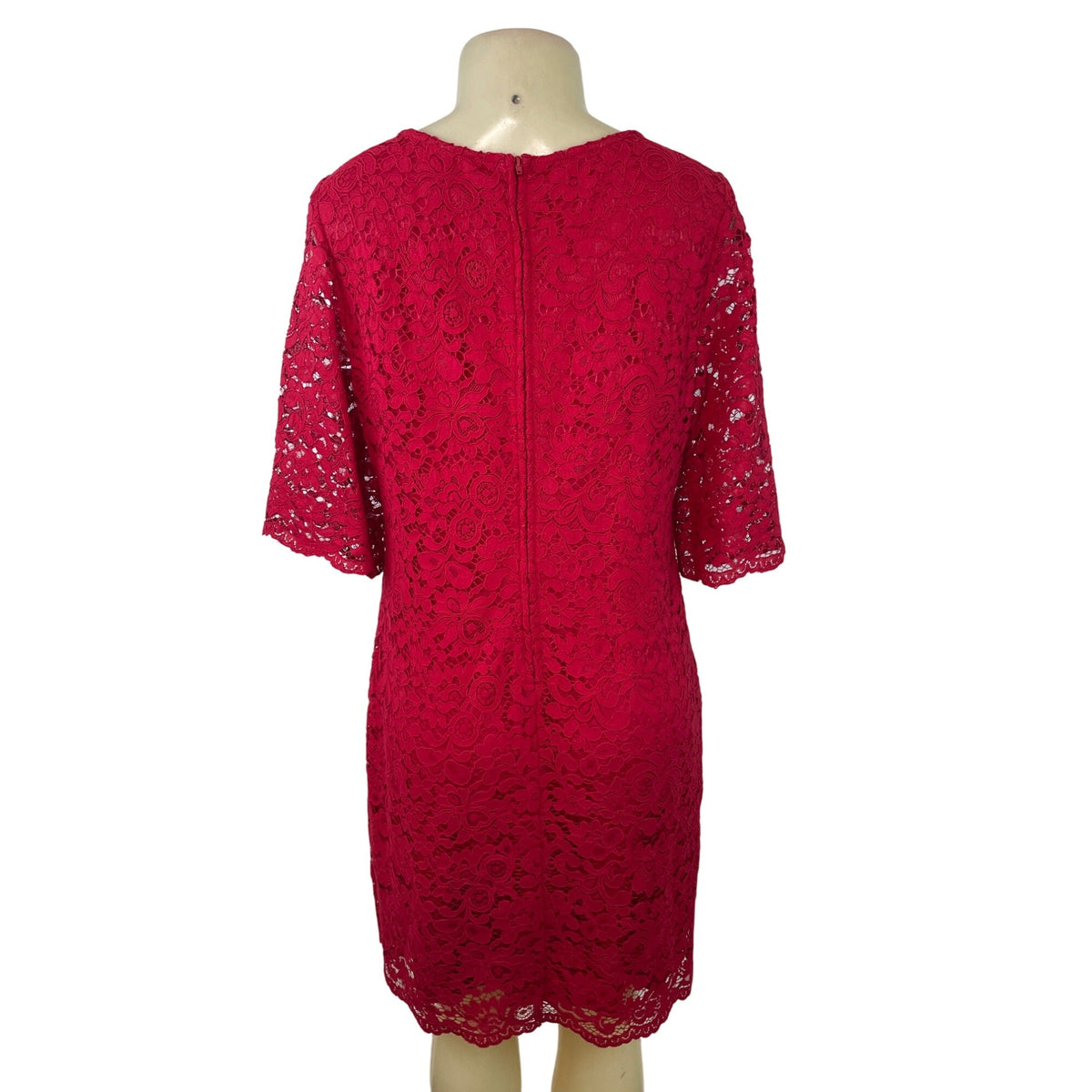 Lauren Ralph Lauren Red Lace Shift Dress Short Sleeve Scalloped Hem Sz 14P