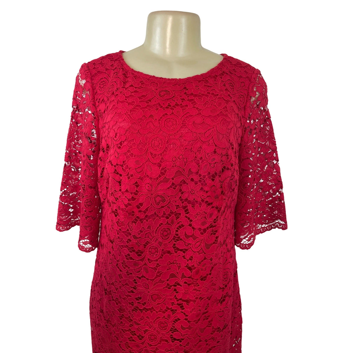 Lauren Ralph Lauren Red Lace Shift Dress Short Sleeve Scalloped Hem Sz 14P