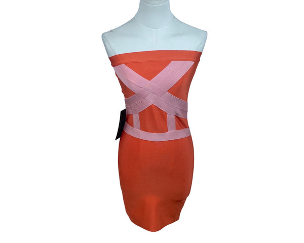 Bebe Womens Strapless Orange & Pink Bandage Dress Sz M - New