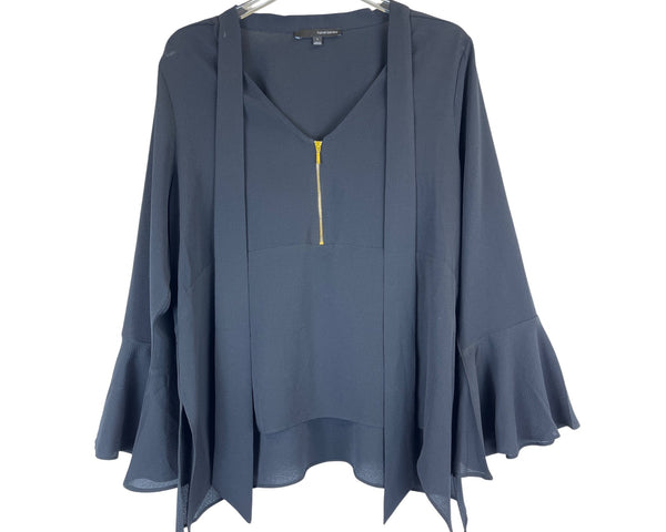 Harvé Benard Womens Gray Lightweight Flared Sleeve Sheer V-Neck Top L