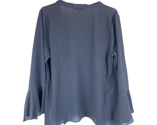 Harvé Benard Womens Gray Lightweight Flared Sleeve Sheer V-Neck Top L