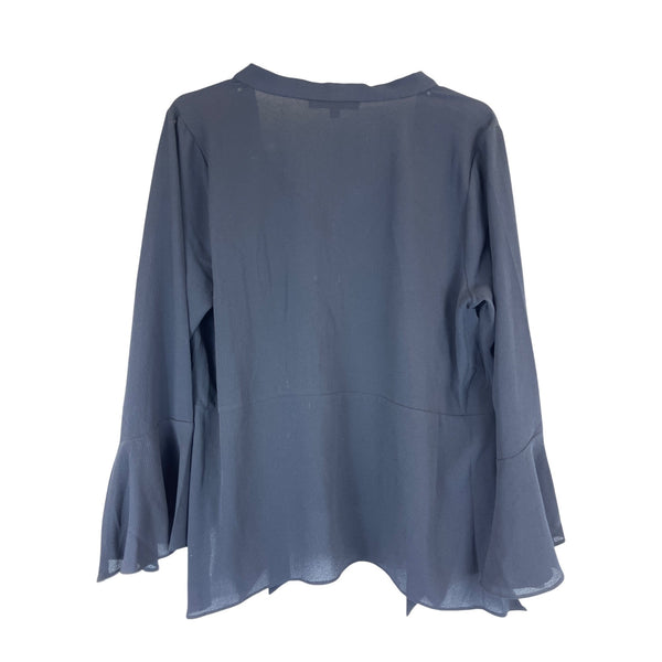Harvé Benard Womens Gray Lightweight Flared Sleeve Sheer V-Neck Top L