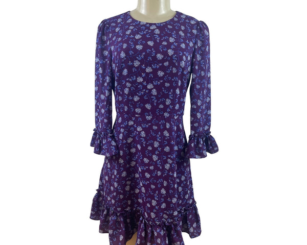 Eliza J Purple Floral Ruffle Hem Long Sleeve Dress With Back Zip Closure Size 6