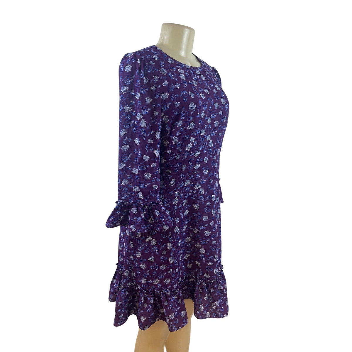 Eliza J Purple Floral Ruffle Hem Long Sleeve Dress With Back Zip Closure Size 6