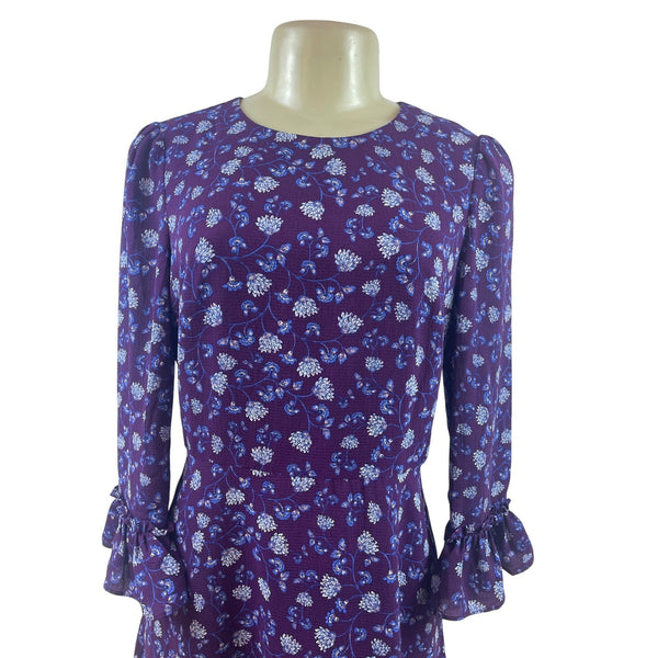 Eliza J Purple Floral Ruffle Hem Long Sleeve Dress With Back Zip Closure Size 6