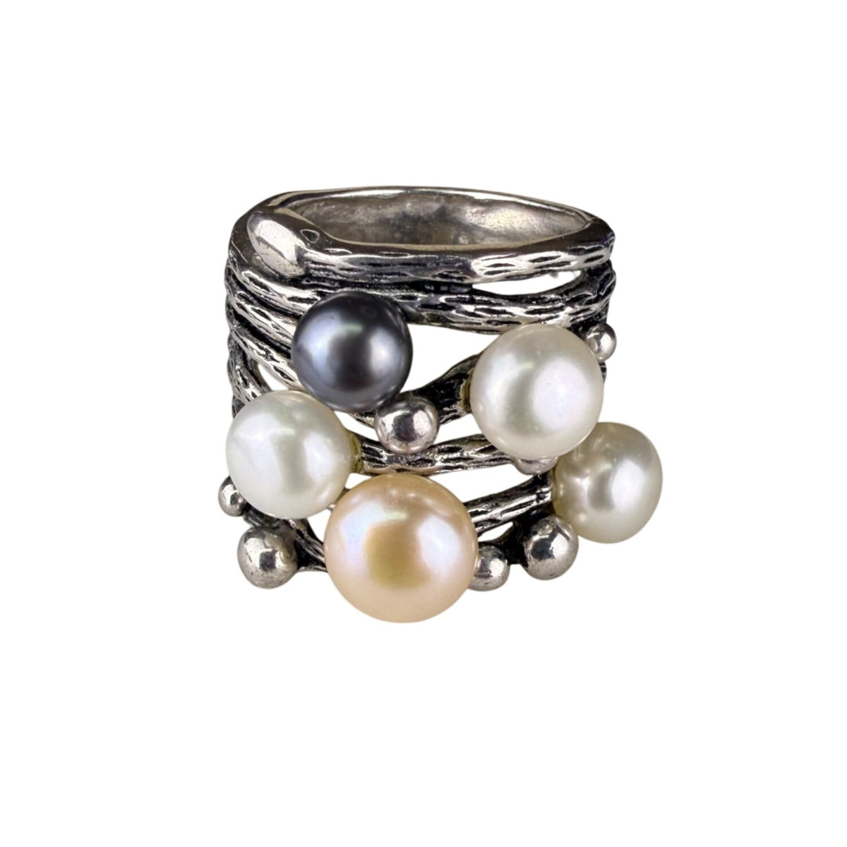 Handcrafted Thailand Silver Tone Multicolor Freshwater Pearl Wide Band Ring Size 7