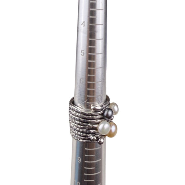 Handcrafted Thailand Silver Tone Multicolor Freshwater Pearl Wide Band Ring Size 7