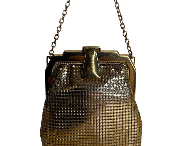 Vintage Whiting & Davis Gold Mesh With Chain Strap Kiss Lock Closure Evening Bag