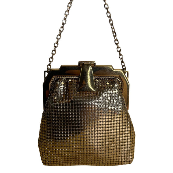 Vintage Whiting & Davis Gold Mesh With Chain Strap Kiss Lock Closure Evening Bag