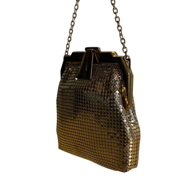 Vintage Whiting & Davis Gold Mesh With Chain Strap Kiss Lock Closure Evening Bag