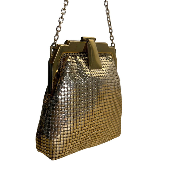 Vintage Whiting & Davis Gold Mesh With Chain Strap Kiss Lock Closure Evening Bag