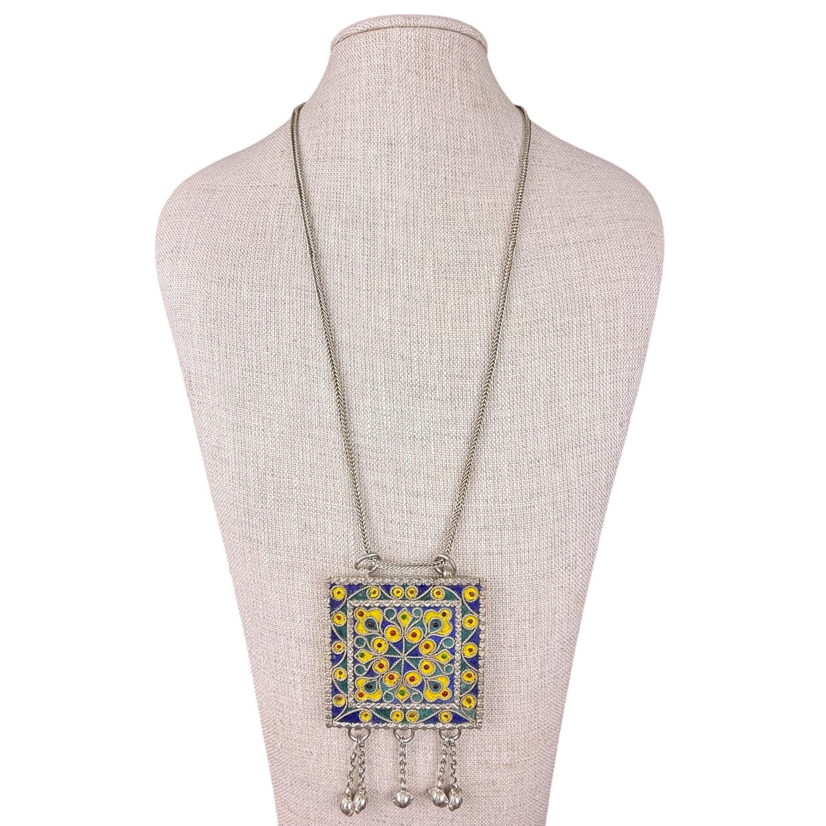 Vintage Silver-Tone Filigree & Enamel Necklace With Pendant Yellow/Blue Accents